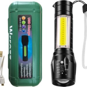 Wrrozz Led Flashlight Rechargeable USB Mini Torch Light, Ultra Brightest Small Flash Light Handheld Pocket Compact Portable Tiny Lamp with Side Lantern, High Powered Tactical Travel Flashlights 1 Pack