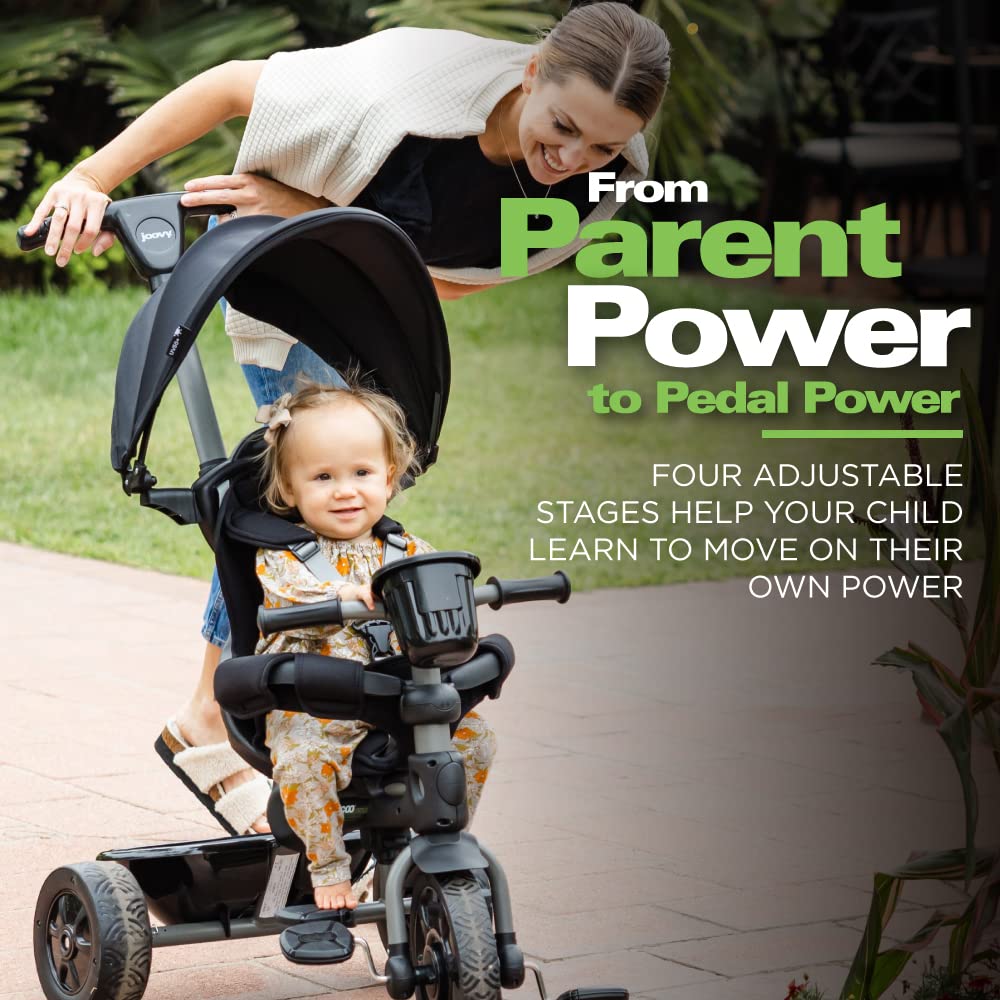 Joovy Tricycoo 4.1 Kids Tricycle with 4-Stages Featuring Extra-Wide Front Tire, Removable and Adjustable Parent Handle, Safety Harness, Machine-Washable Seat Pad, and Retractable Canopy (Black) - Image 6