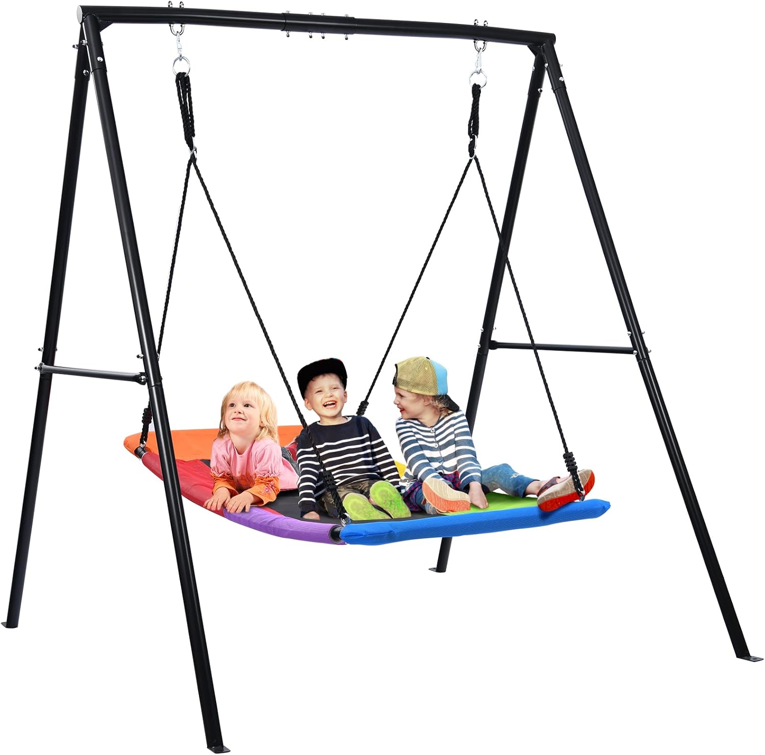 Trekassy Swing Sets for Backyard, 440lbs Heavy Duty A-Frame Metal Stand with 60" Large Platform Swing for Outdoor Playground Park (Black Frame + Rainbow Swing)(Patented)