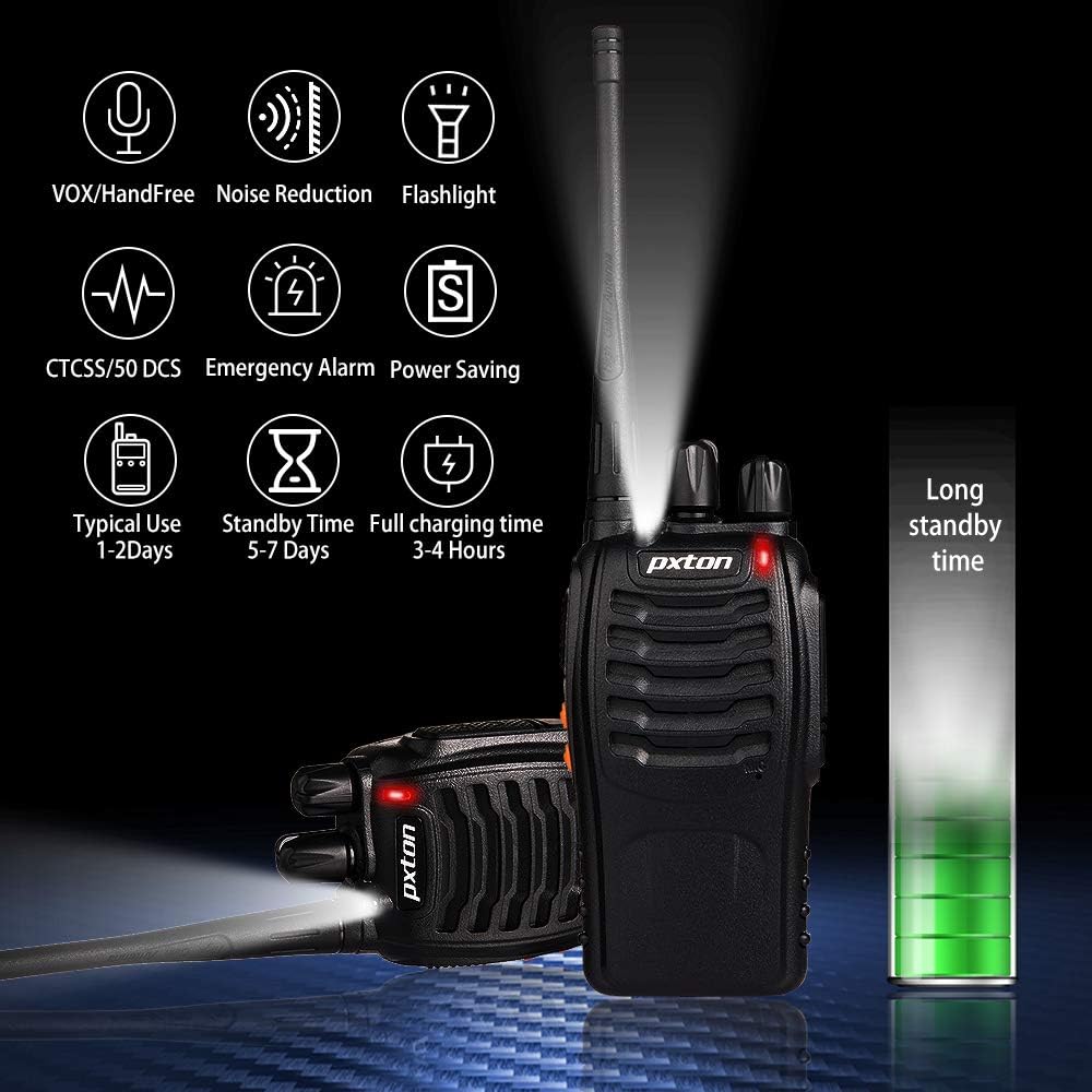 pxton Walkie Talkies Rechargeable Long Range Two-Way Radios with Earpieces,2-Way Radios UHF Handheld Transceiver Walky Talky with Flashlight Li-ion Battery and Charger(2 Pack) - Image 2