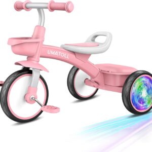Umatoll Toddler Tricycle for 18 Month to 4 Year Old Girls,Toddler Bike Toys with Adjustable Seat&Light-Up Wheels,Birthday Gift for Age 2-3 (Pink)