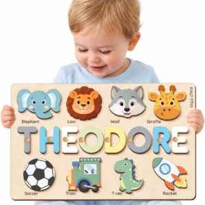 Custom Name Puzzle for Toddlers – Personalized Baby Gift with Animal Art Backdrop | 48 Animal Themes | 1st Birthday Gift for Boy & Girl | Personalized Baby Gifts