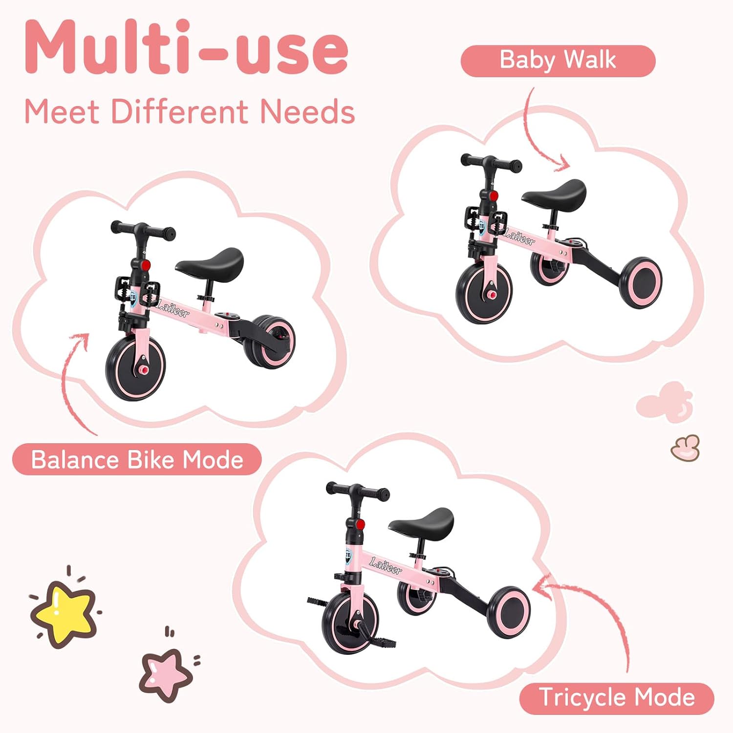 3 in 1 Tricycle for Toddler Age 2-5 Years Old, Folding Kids Balance Bike with Adjustable Seat & Removable Pedal, Indoor Outdoor Ride-on Toys for Infant, Baby Trike for Boy and Girl, Pink - Image 2