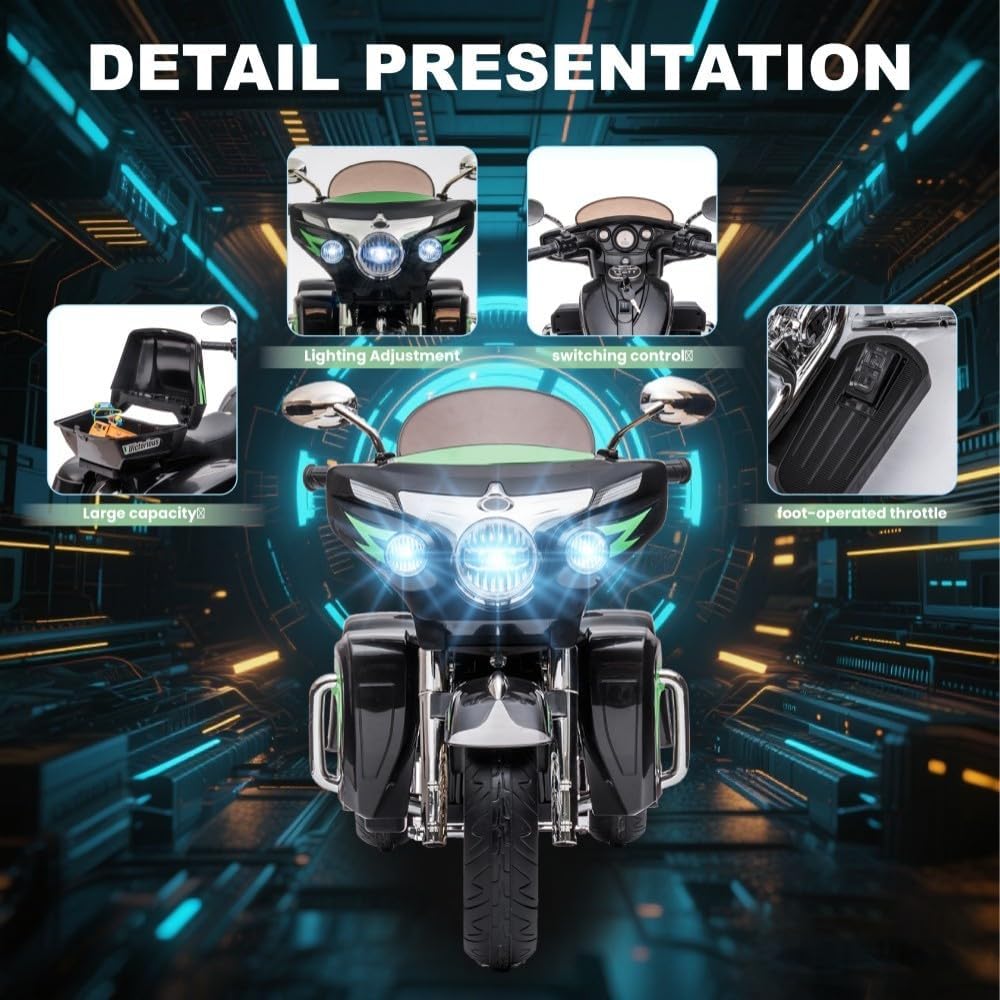 Kids Motorcycle | 12V Electric Motorcycle for Kids Ages 3-8 | 2-Seat, 3-Wheel Toy Car with Bluetooth, LED Lights | Safe Toy Vehicle Gift (Black) - Image 3