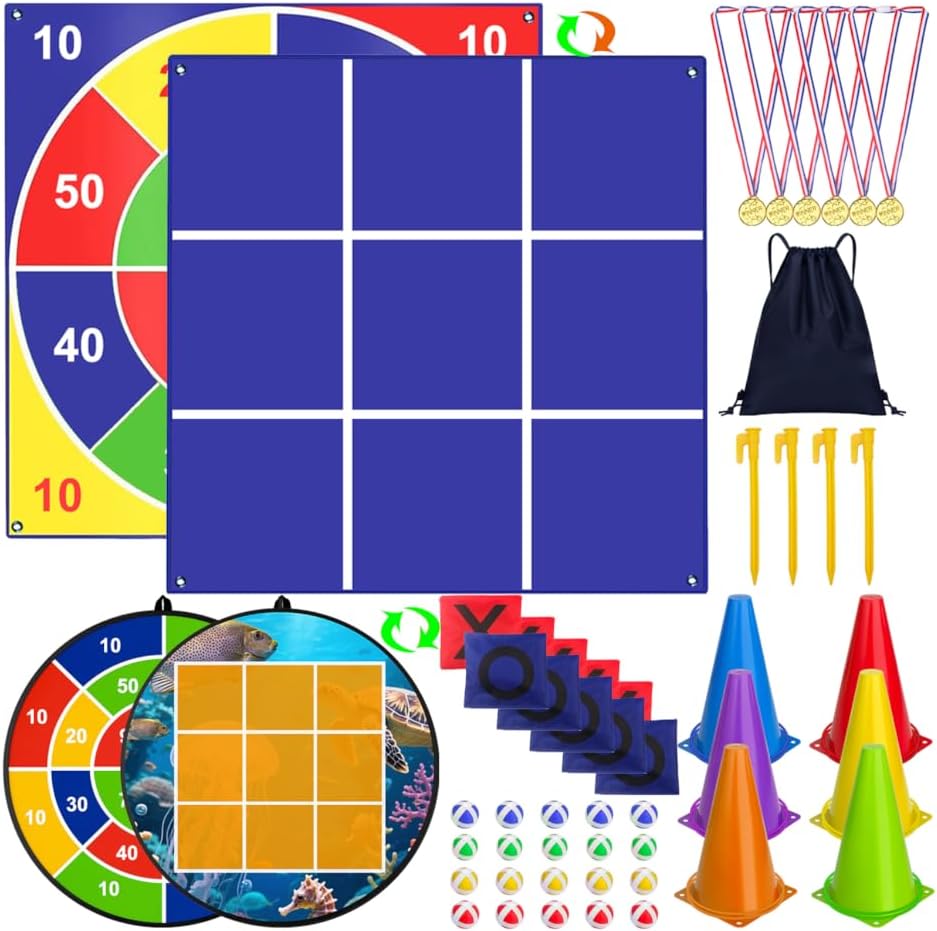 Carnival Games Set, Giant Tic Tac Toe Games, 4.5ft x 4.5ft Double-Sided, 26" Dart Board with Sticky Balls, Soft Plastic Cones Ring Toss Game Set for Kids Adults Family Outdoor Lawn Yard Birthday Party
