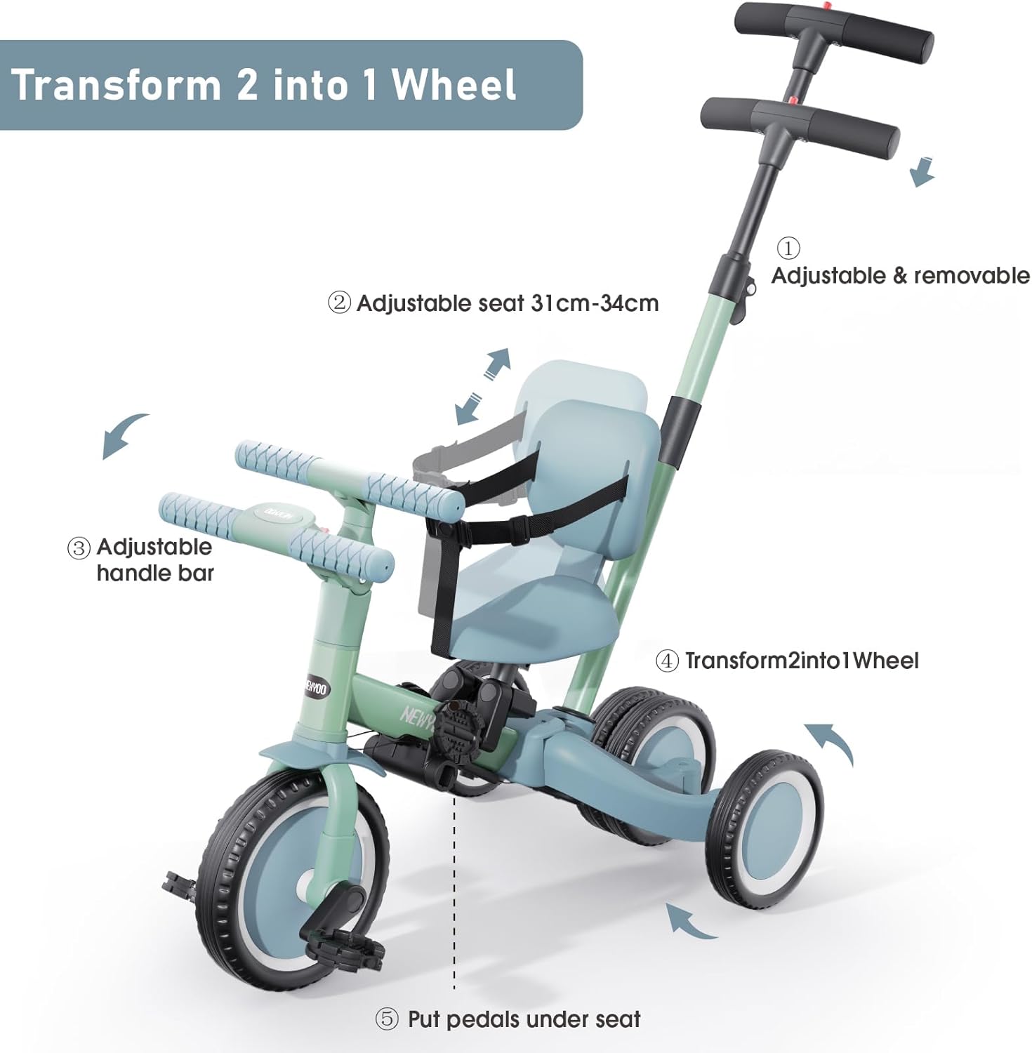 newyoo Toddler Tricycle with Push Handle for 1-3 Year Old, Toddler Bike, Birthday Gifts and Toys for Boys and Girls, 5 in 1 Kids Trike, Convert to Baby Balance Bike, Green, TR007 - Image 3