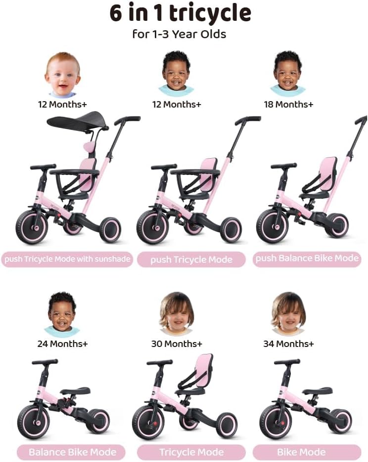 newyoo Tricycle for Toddlers 1-3, Toddler Tricycle with Push Handle and Canopy, Toddler Bike, Birthday Gift and Toys for Girl and Boy, 6 in 1 Baby Trike, Balance Bike, TR009, Pink - Image 2