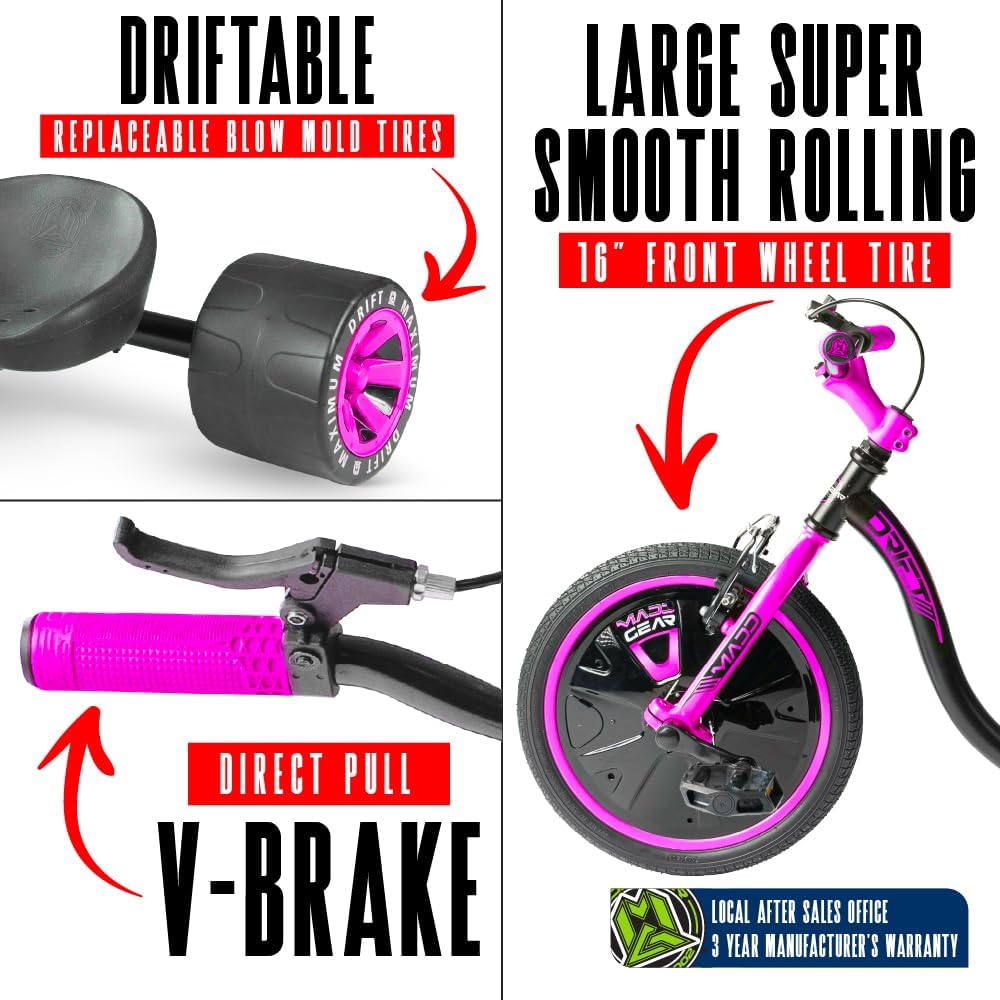Drift Trike for Kids Ages 5+ – 16" Front Wheel Ride-On with Adjustable Seat, Steel Frame, Rear Slick Drift Wheels & Safety Flag – Madd Gear (Black/Pink) - Image 4
