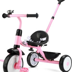 Liberry 2 in 1 Toddler Tricycle Age 2 3 4 Years Old, Kids Trike with Adjustable Push Handle, Bell & Basket, 3 Wheel Bike Riding Toy Birthday Gift for Girls Boys, Light Pink