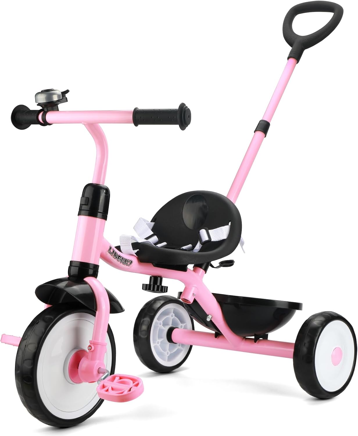 Liberry 2 in 1 Toddler Tricycle Age 2 3 4 Years Old, Kids Trike with Adjustable Push Handle, Bell & Basket, 3 Wheel Bike Riding Toy Birthday Gift for Girls Boys, Light Pink