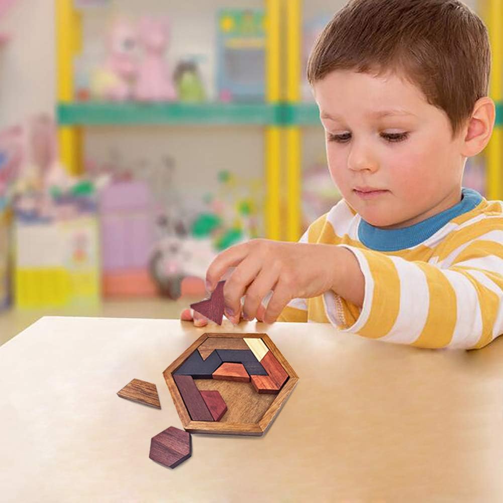 KINGOU Hexagon Tangram Puzzle Wooden Brain Puzzles for Kids & Adult Challenge Wooden Brain Teasers Puzzle Games for Family Party Gift - Brain Games for Kids - Image 3