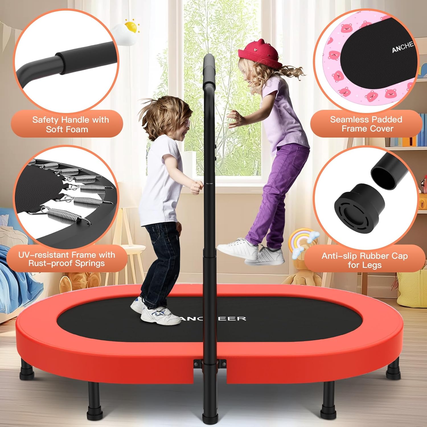 ANCHEER 56" Double Mini Trampoline for Kids, Mini Rebounder with 5-Level Adjustable Handle, Parent-Child Trampoline for Kids, Max Load 220lbs, Fun for Indoor/Outdoor - Image 4