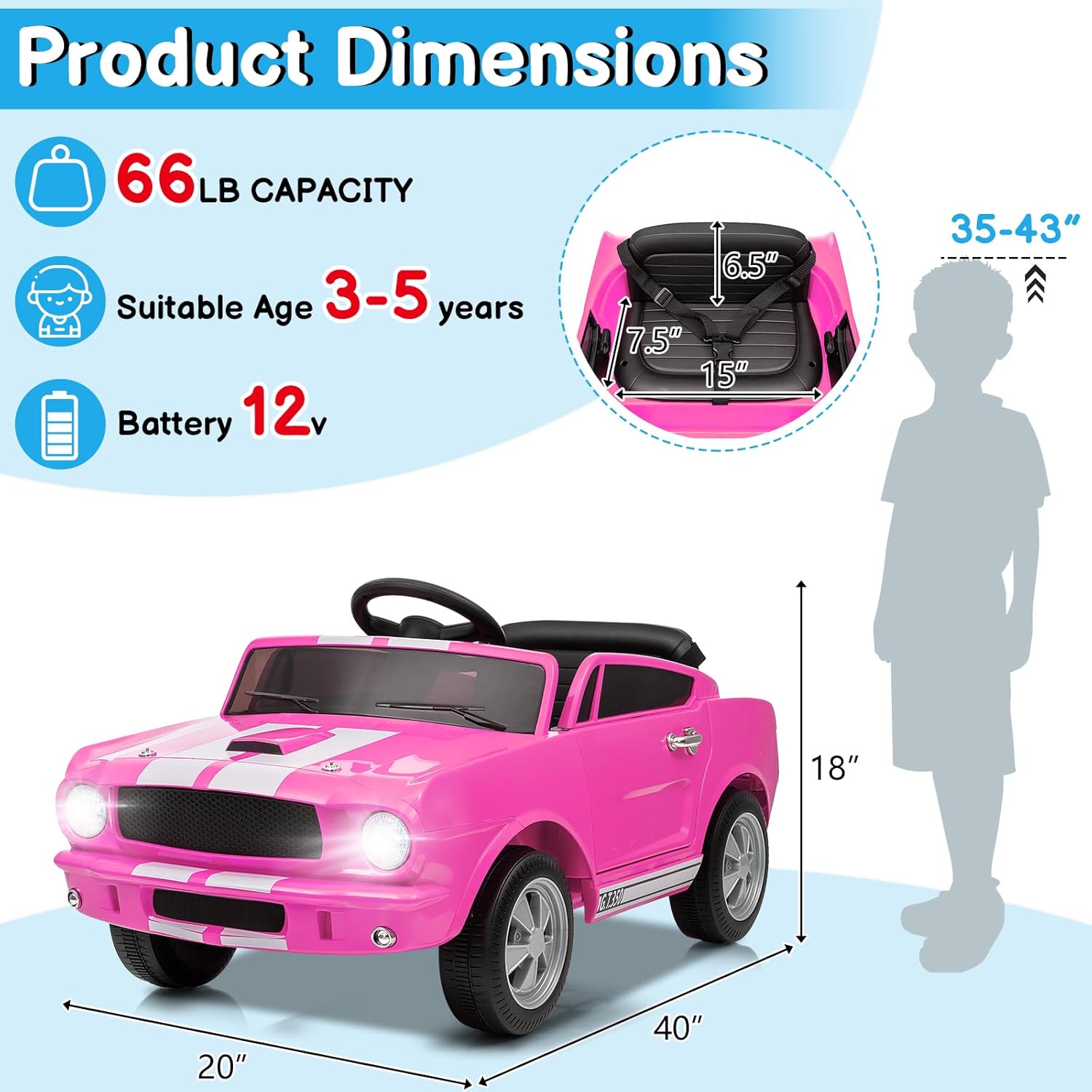 Winado 12V Licensed Shelby Electric Car for Kids, Battery Powered Ride On Toy for Toddlers with Remote Control, Upgrade Panel, Bluetooth, Shock Absorbers, Safety Belt, 3 Speeds, LED Lights - Pink - Image 6