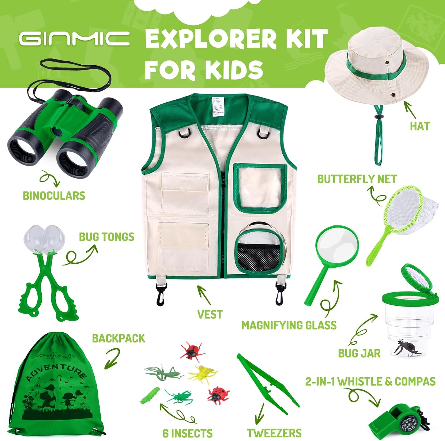 GINMIC Kids Explorer Kit & Bug Catching Kit, 16 Pcs Outdoor Exploration Safari Kit for Kids Camping with Binoculars, Adventure, Hunting, Hiking, Educational Toy Gift for 3-12 Years Old Boys Girls - Image 2