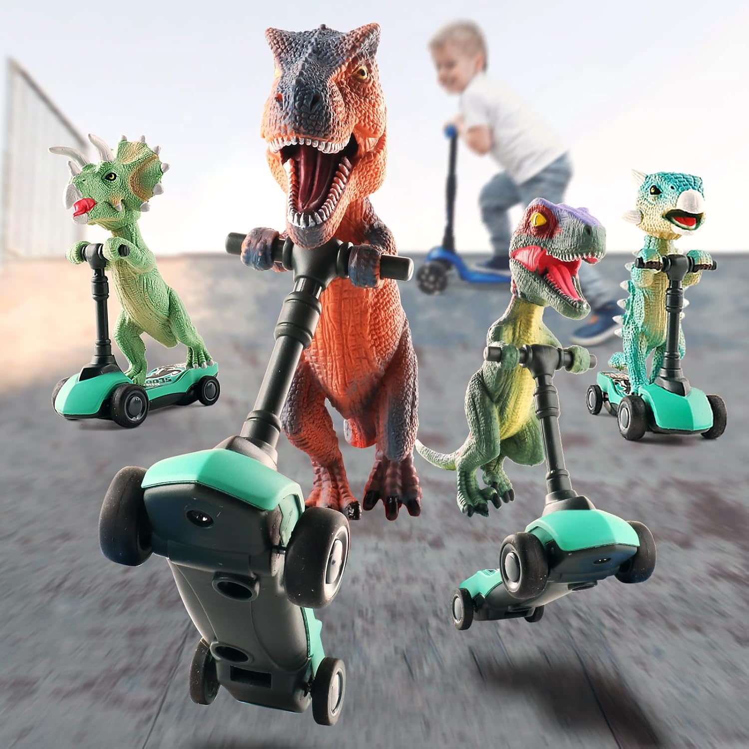 DINOBROS Dinosaur Scooter Toys Pull Back Cars Mini Finger Kick Scooters Boy Toy Age 3 4 5 6, Dino Gift Sets for Kids 4-Pack - Image 7