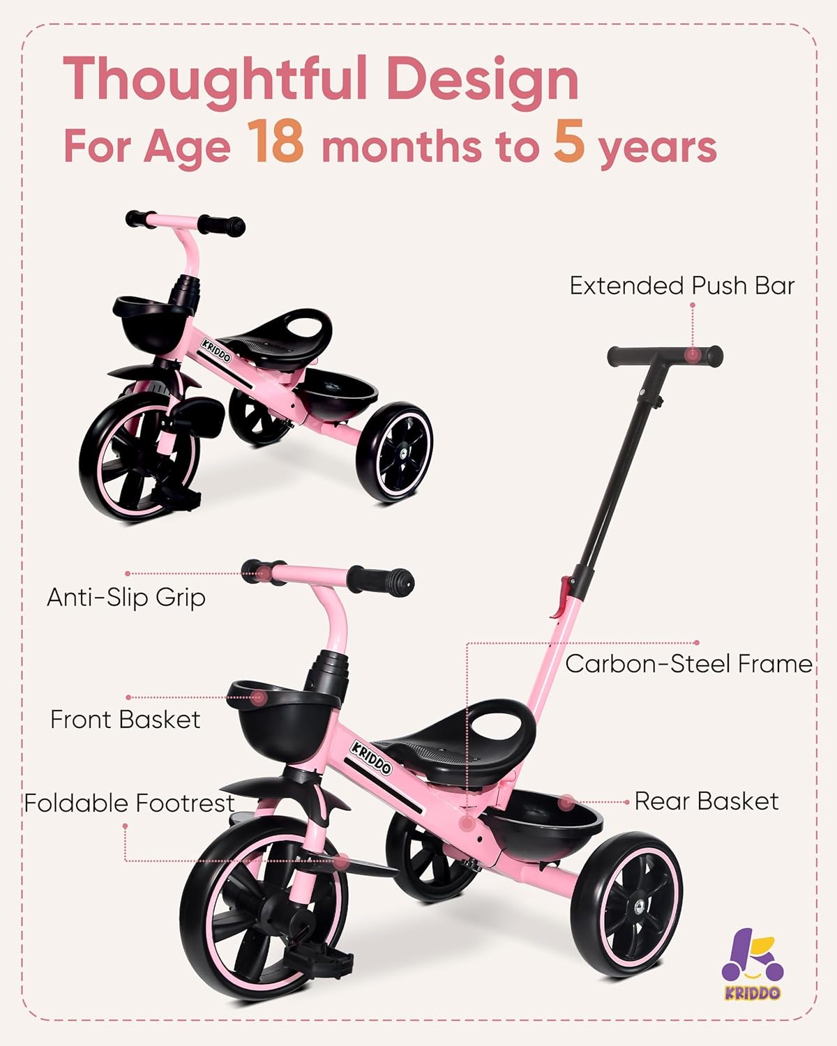 KRIDDO 2-in-1 Toddler Tricycle for Ages 18 Months to 5 Years Old - Extended Push Handle for Effortless Push, Gift Trike for Toddler 3 to 5 Year, Kids Tricycle with Foldable Front Footrest, Pink - Image 4