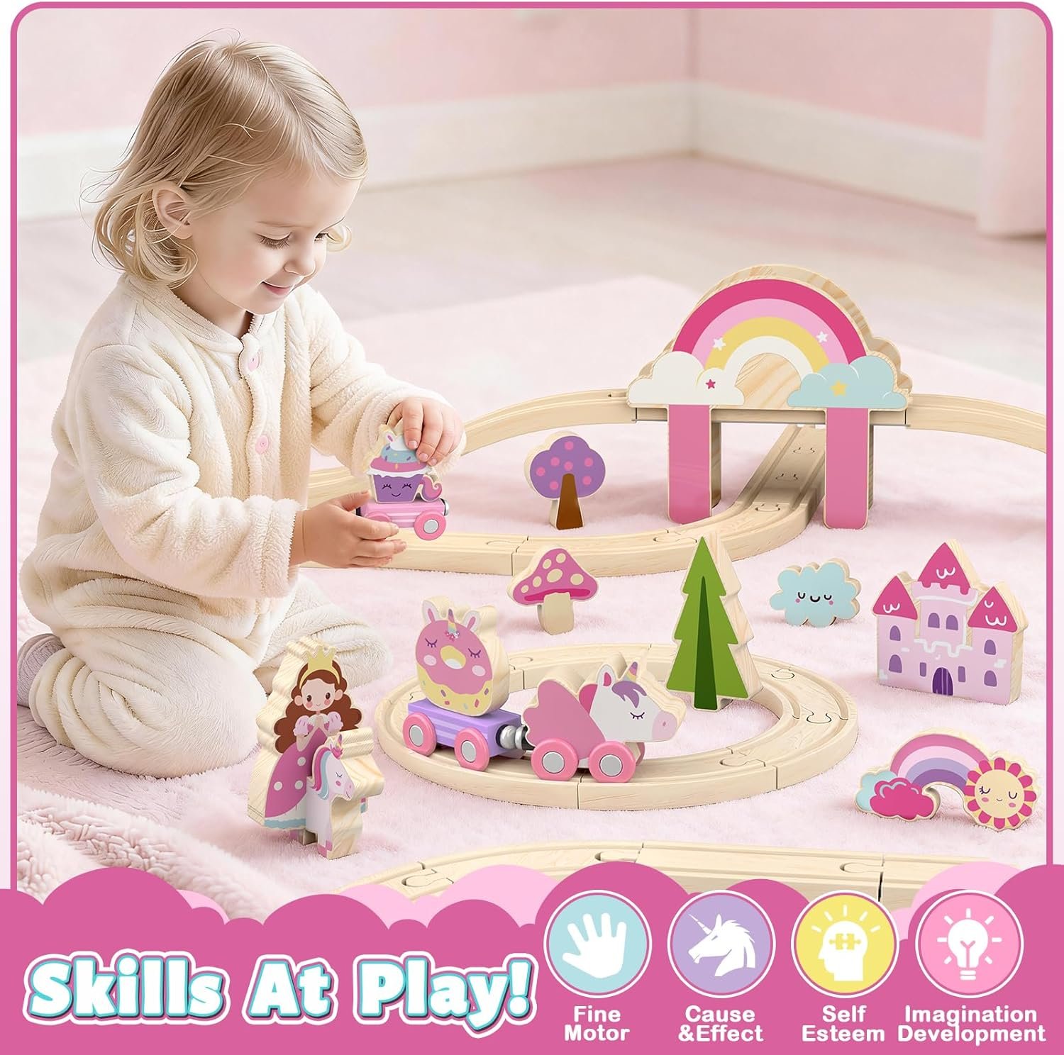 Lehoo Castle Wooden Train Set - Unicorn Train Set for Toddlers 2-4, Wooden Train Track Toddler Girl Toys, Pink Train Fantasy Toys for 3 4 5 6 7 Year Old Girl - Image 3