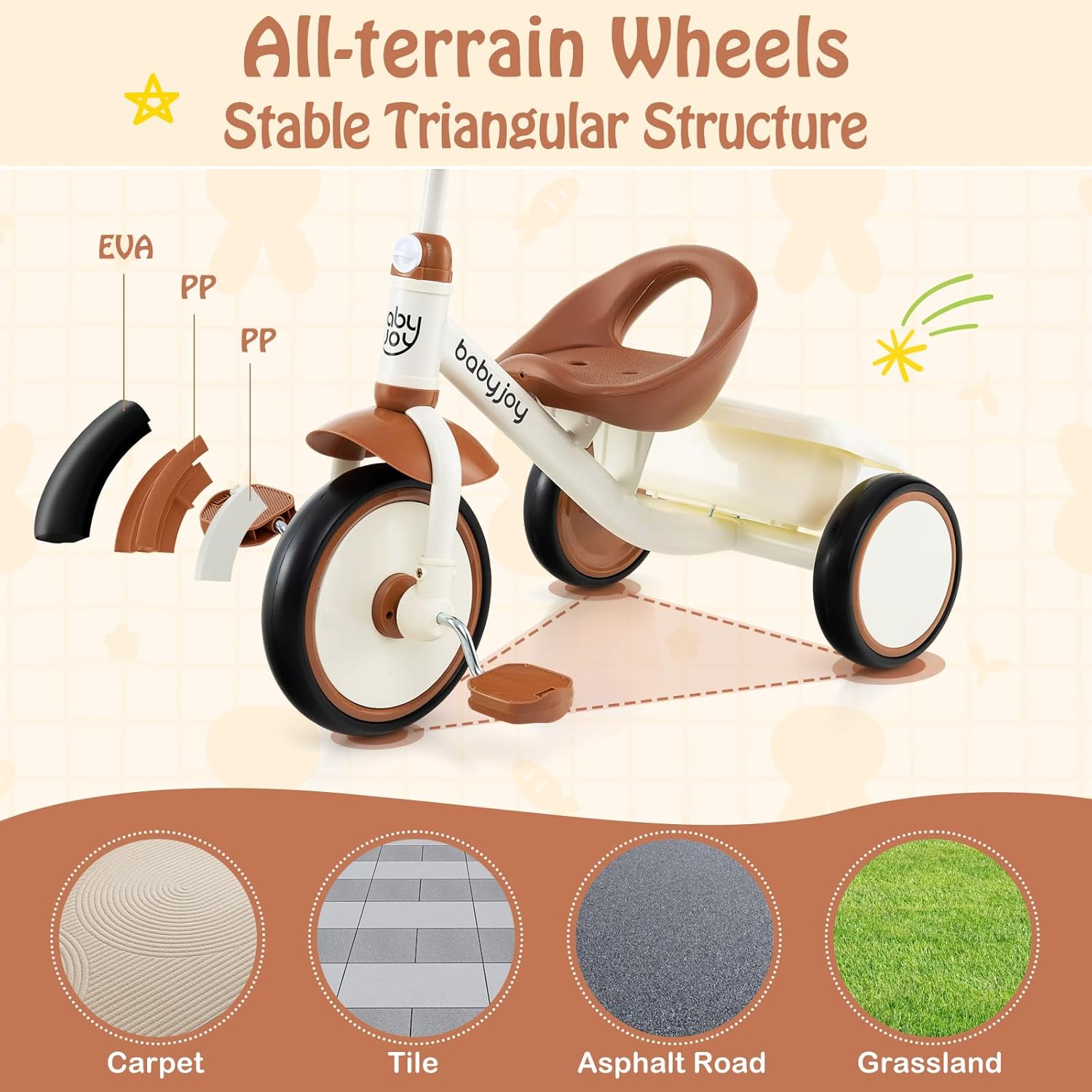 BABY JOY Toddler Tricycle, Kids Trike with Adjustable Seat and Storage Basket for Boys Girls Indoor and Outdoor Riding, Toddler Trike for Baby 3-5 Years Old (Beige) - Image 4