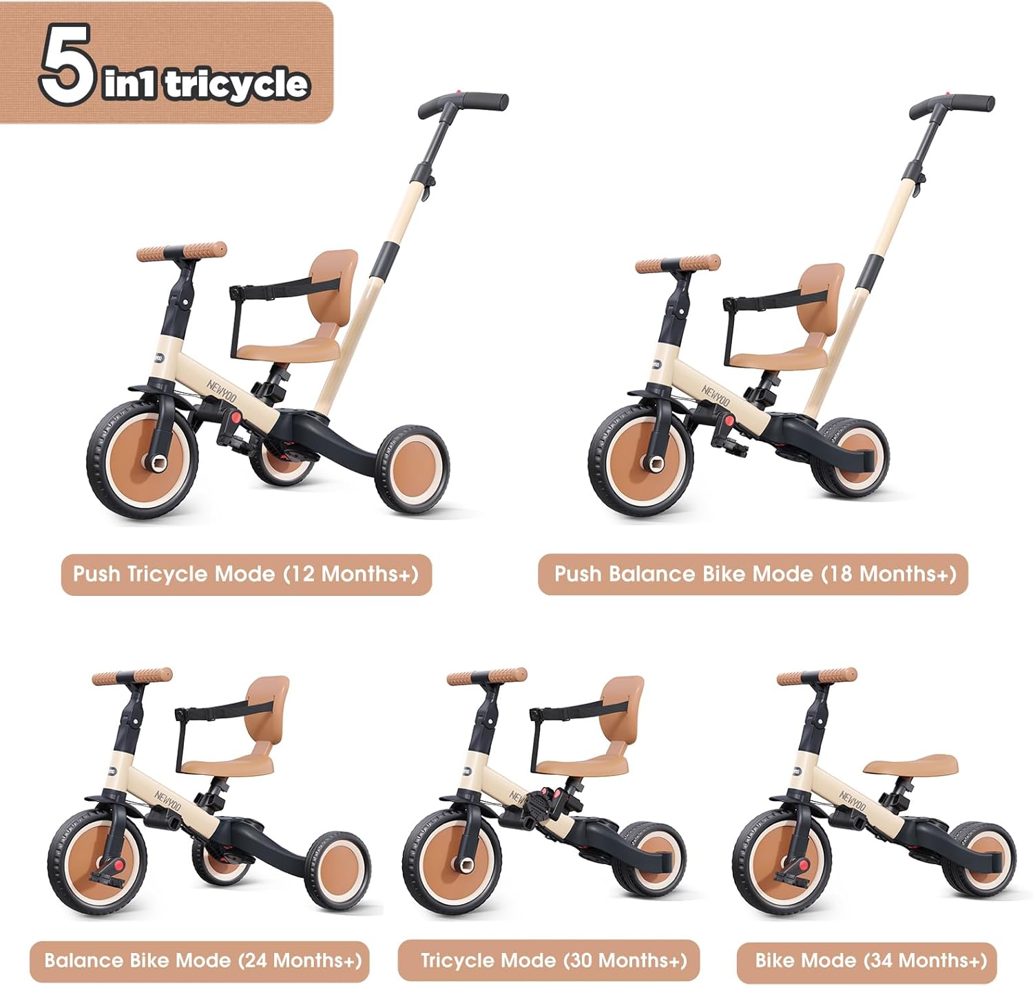 newyoo Toddler Tricycle with Push Handle for 1-3 Year Old, Toddler Bike, Birthday Gift and Toy for Boys and Girls, 5 in 1 Kids Trike, Balance Bike with Backrest and Safety Belt, Khaki, TR007 - Image 2