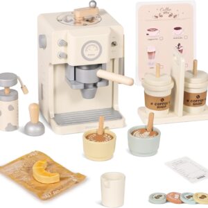 Pithfor Kids Wooden Coffee Playset with Grinder, Toy Coffee Maker for Kids Toddlers, Pretend Play Kitchen Appliances & Accessories Toy Gift for Boys Girls