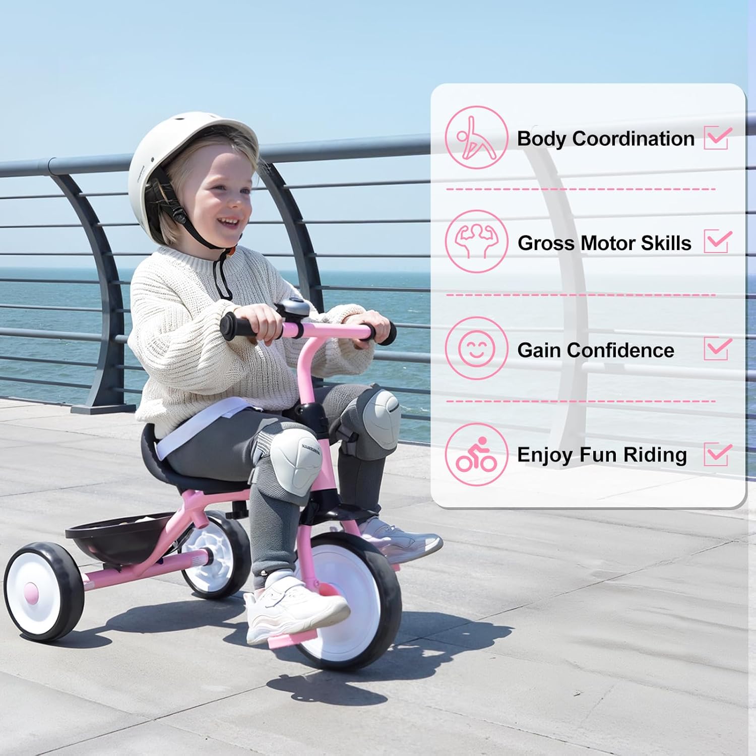 Liberry 2 in 1 Toddler Tricycle Age 2 3 4 Years Old, Kids Trike with Adjustable Push Handle, Bell & Basket, 3 Wheel Bike Riding Toy Birthday Gift for Girls Boys, Light Pink - Image 6