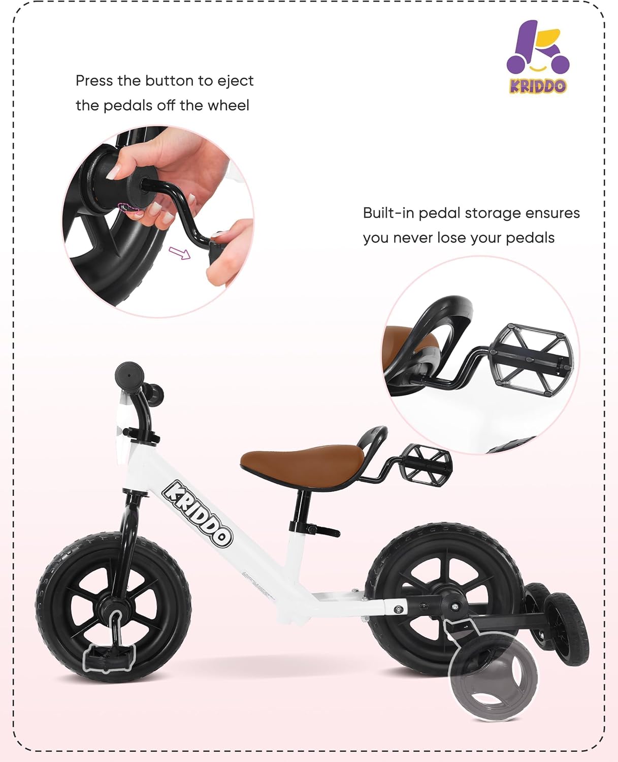 KRIDDO 2-in-1 Kids Tricycle and Toddler Balance Bike 2 Year Old, Detachable Pedals and Stowable Training Wheels, DIY Plate, Riding Trikes Toy for Ages 18 Months to 3 Years - Image 3