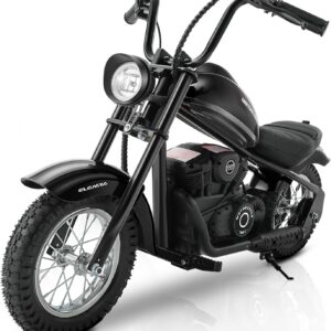 ELEMARA Electric Dirt Bike, 15 mph & 150lb Max, 24V Ride on Toy for Big Kids w/LED Lights & Power Display,Chain-Driven Motor,Twist-Grip Throttle, Shock Springs,Handbrake,12″ Air-Filled Tires-Black