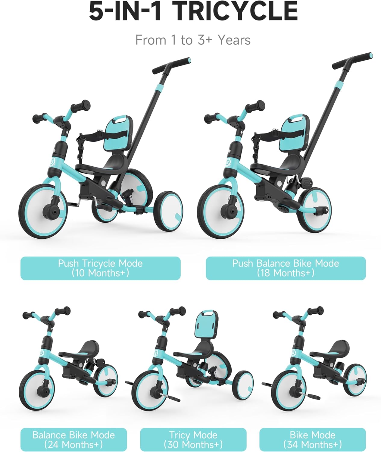 besrey 5-in-1 Toddler Tricycle with Push Handle, Grow with Me Kids Trike for 1-3 Years, Balance Bike & Tricycle, Adjustable Parent Steering, Safety Seat with Backrest - Image 2