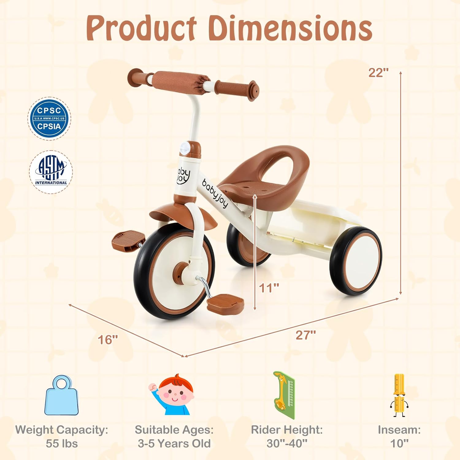 BABY JOY Toddler Tricycle, Kids Trike with Adjustable Seat and Storage Basket for Boys Girls Indoor and Outdoor Riding, Toddler Trike for Baby 3-5 Years Old (Beige) - Image 7