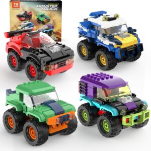 4 Pack Monster Truck Micro Brick Building Blocks Set, Pull Back Car Toy Vehicles Set, Birthday Party Favor or Gift for Teens Ages 8+ Kids