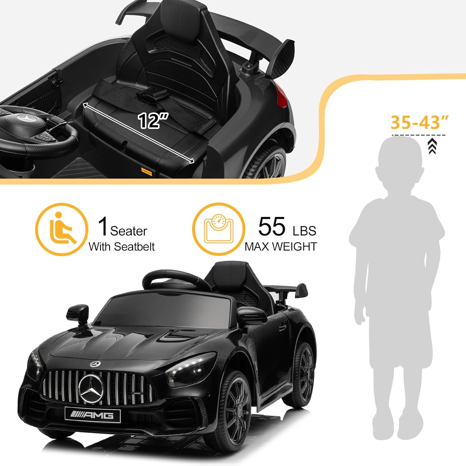 Winado 12V Ride on Car, Licensed Mercedes Benz AMG GTR Battery Powered Electric Vehicle, w/Parent Remote, Wider Seat, LED Lights, Openable Doors, MP3 Player, Smooth Start, 3 Speeds - Black - Image 7