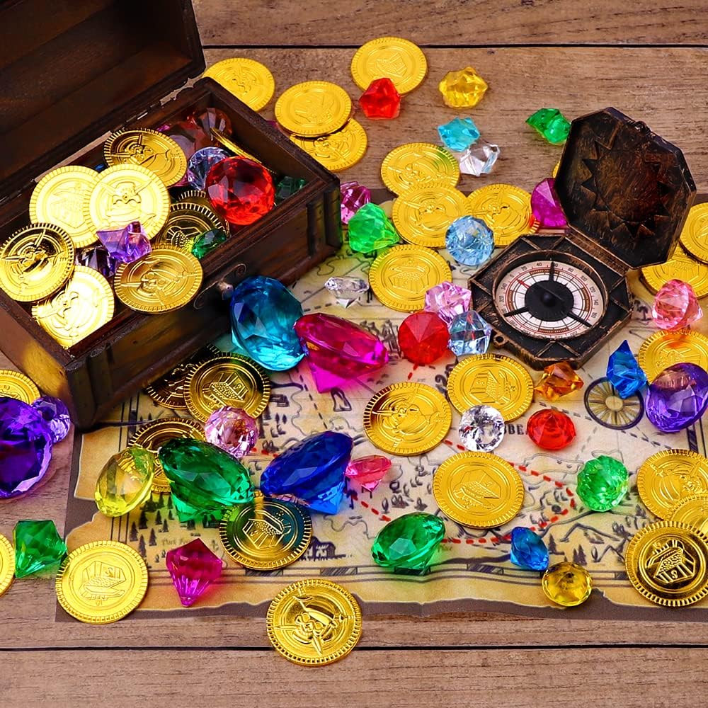 YUJUN Diving Gem Pirate Toys Colorful Pool Acrylic Diamonds Pirate Treasure Chest Gold Coins with Underwater Swimming Throw Pirate Toy for Kids Birthday Summer Swimming Pool Party Favor - Image 4