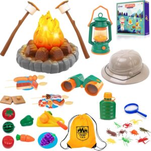 Camping Toys for Kids, Pretend Campfire, Lantern, Safari Hat, Binoculars, Bottle, Toy Food, S’Mores, Toddler Camping Play Set Indoor Outdoor Toys for Kids 3-5 and Up, Boys Girls Gift