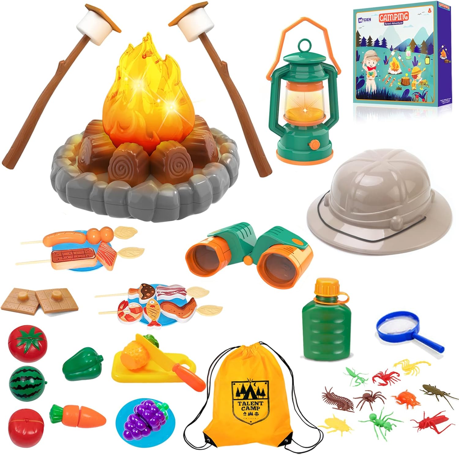 Camping Toys for Kids, Pretend Campfire, Lantern, Safari Hat, Binoculars, Bottle, Toy Food, S'Mores, Toddler Camping Play Set Indoor Outdoor Toys for Kids 3-5 and Up, Boys Girls Gift