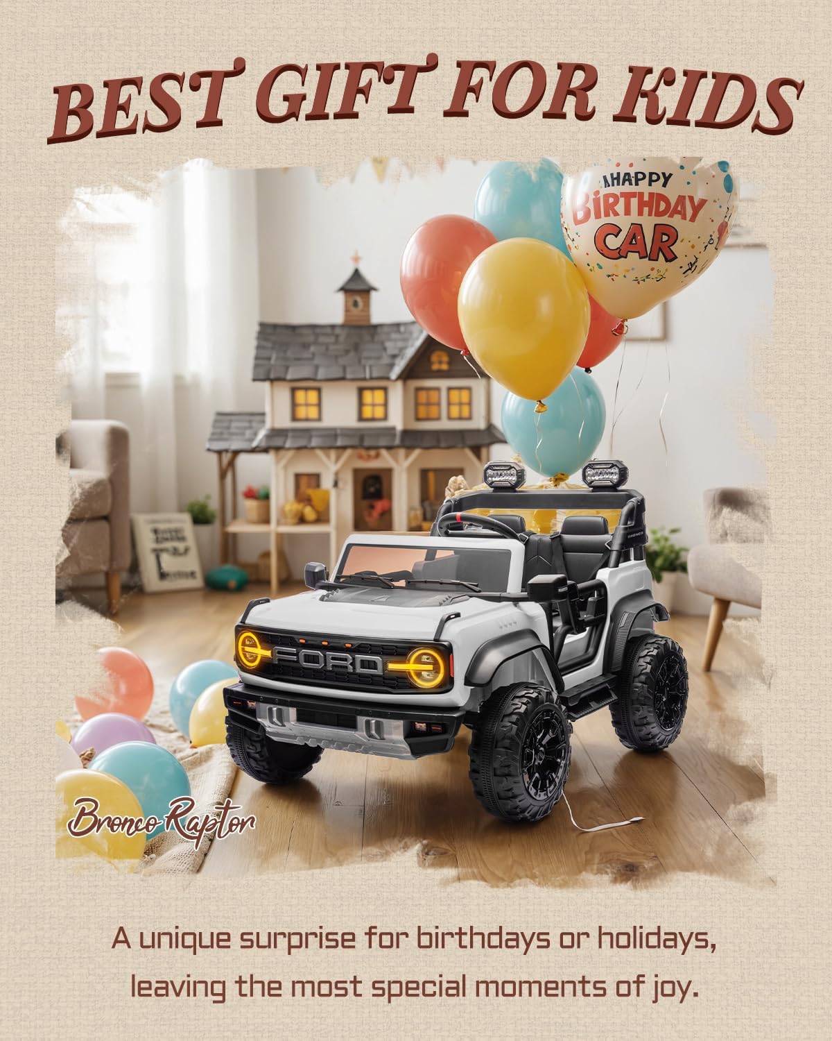 First Ride On Licensed Ford Bronco Raptor 24V 2 Seater Kids Ride on Toys, Battery Powered Electric Ride on Car, Remote Control Electric Car w/Led Lights, Music, High Low Speed (24V, White) - Image 4