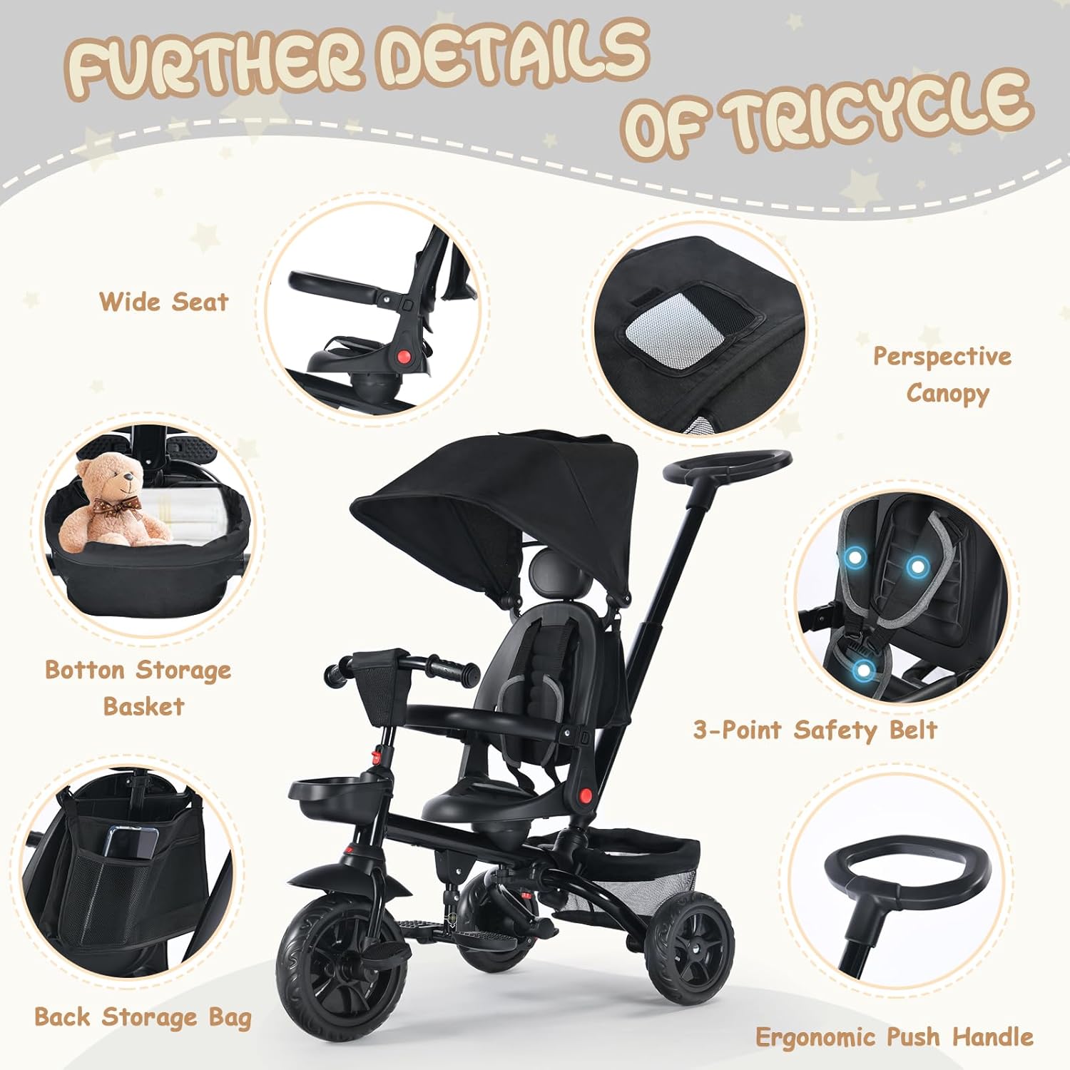 TODEFULL Folding Kids' Tricycle, 8 IN1 Baby Trike W/Removable Canpoy&Parental Push Rod, Toddler Bike Stroller for Kids 1-5 Years, 360° Swivel Seat, EVA Wheels,Storage Basket, Black - Image 7