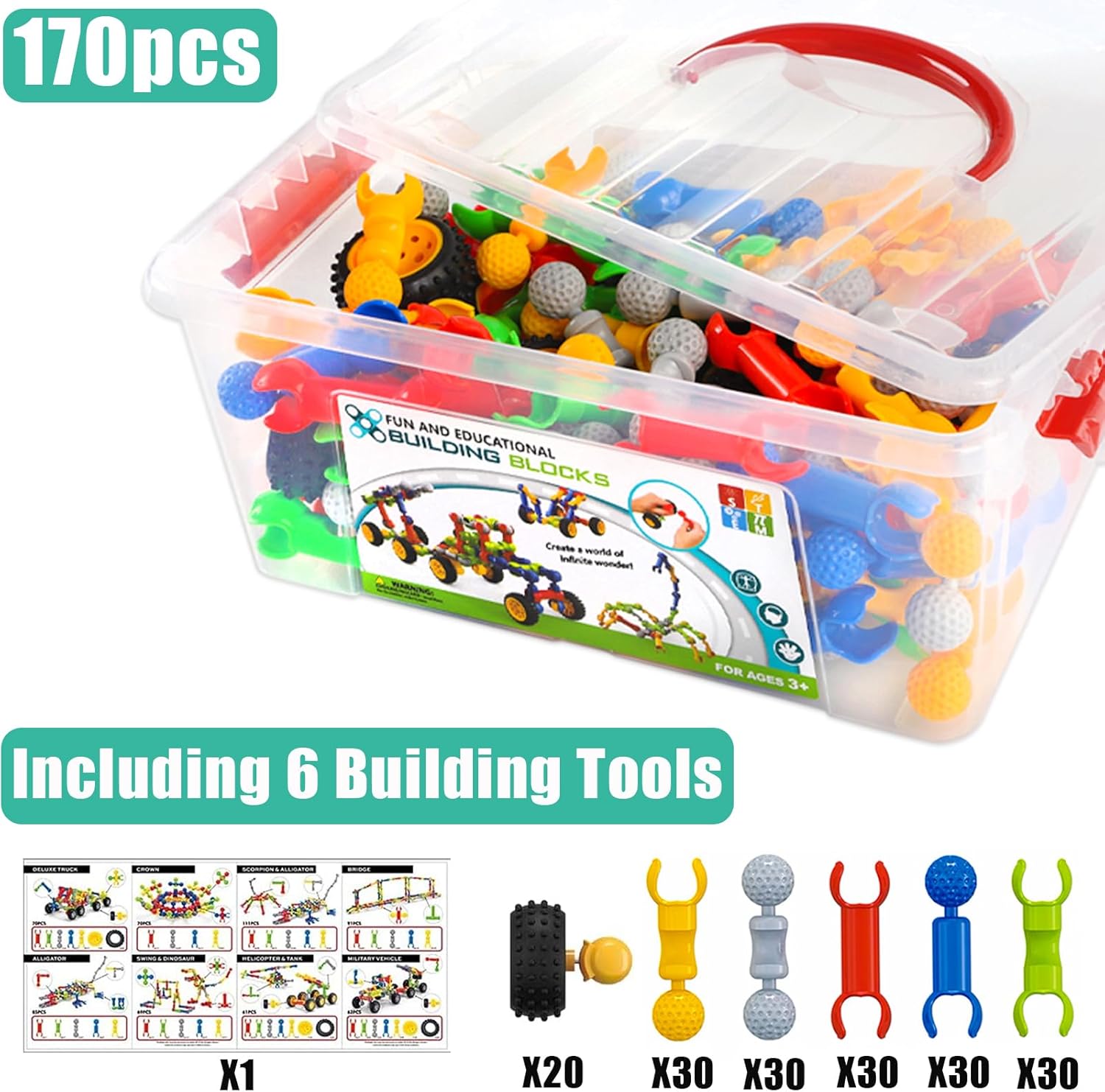 170 Pcs STEM Building Toys for Kids Ages 4-8, Building Blocks Educational Construction Engineering Building Kit for Ages 3 4 5 6 7 8 9 Year Old Creative Kids Games, Christmas Birthday Gifts Boys Girls - Image 4