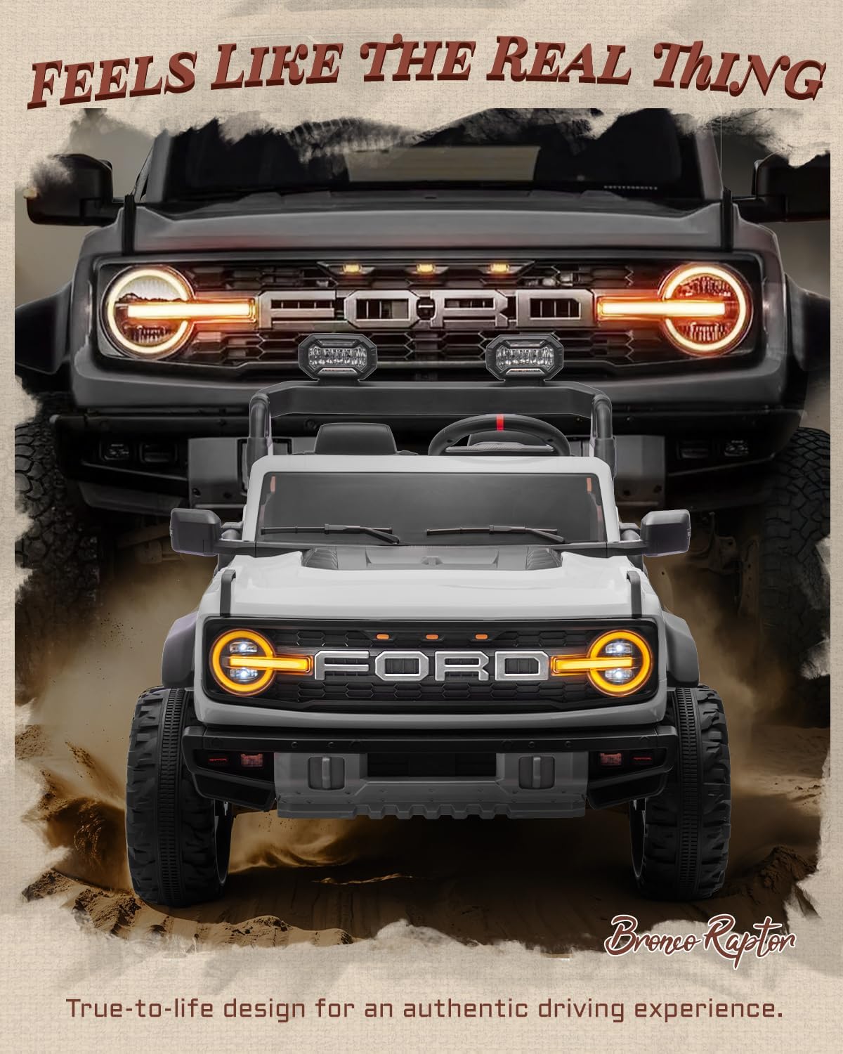 First Ride On Licensed Ford Bronco Raptor 24V 2 Seater Kids Ride on Toys, Battery Powered Electric Ride on Car, Remote Control Electric Car w/Led Lights, Music, High Low Speed (24V, White) - Image 3