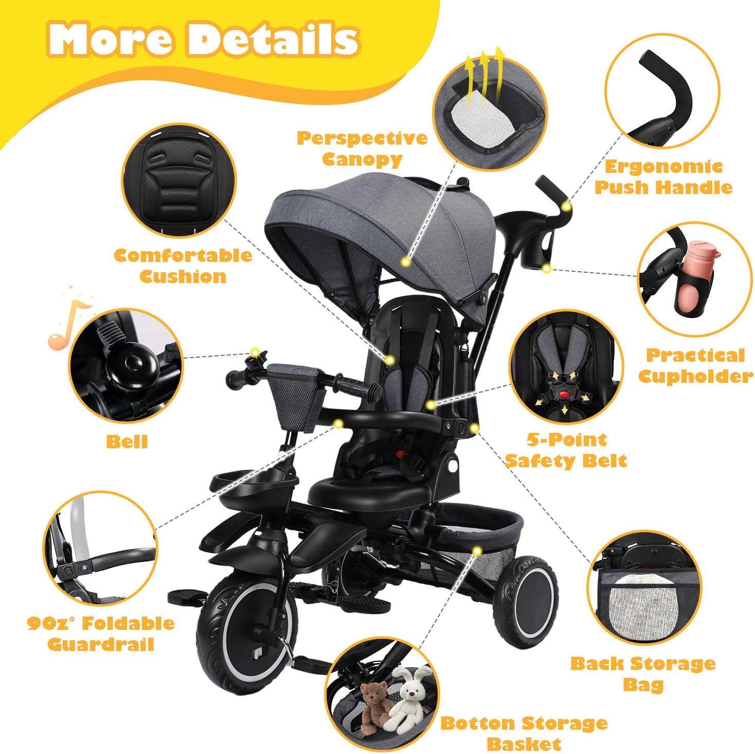 TODEFULL Folding Kids Tricycle, 8 in 1 Toddler Trike W/Removable & Adjustable Canopy, Parent Handle, 5-Piont Harness, Toddler Bike Tricycle for Kids 1-6 Years, EVA Wheels, Storage Basket, Grey - Image 4