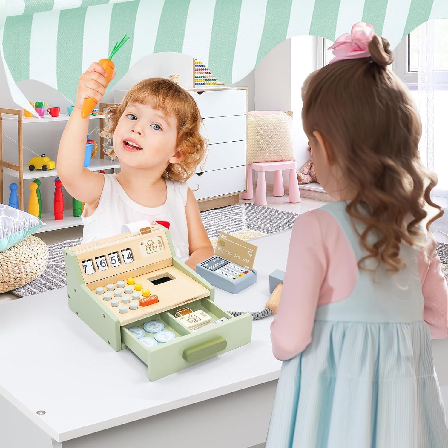 Wooden Toy Cash Register for Kids, Pretend Play Shop with Money Scanner and Credit Card, Montessori Toddler Grocery Cashier Role Play Educational Toy Preschool Learning Gift for Boys Girls Ages 3+ - Image 7