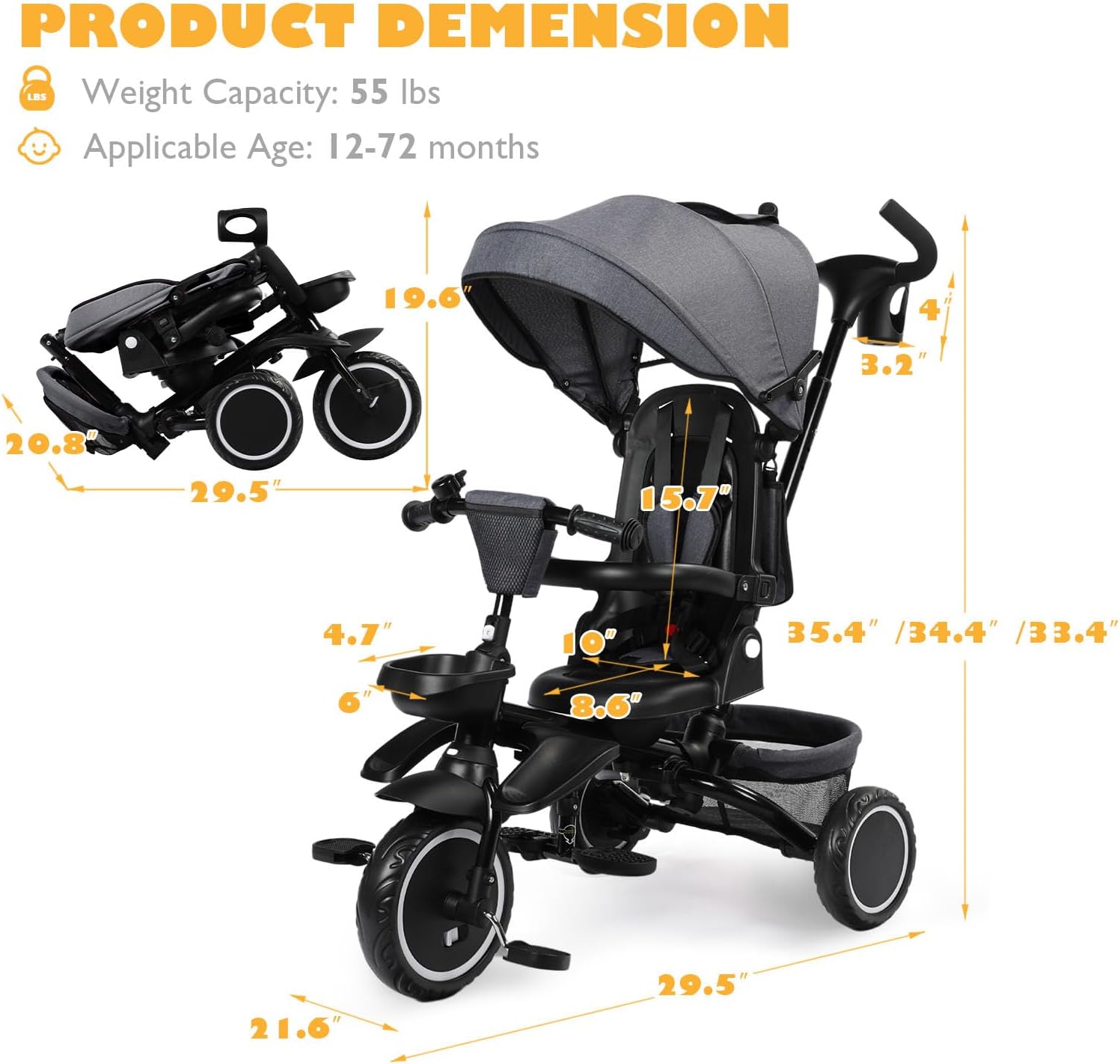 TODEFULL Folding Kids Tricycle, 8 in 1 Toddler Trike W/Removable & Adjustable Canopy, Parent Handle, 5-Piont Harness, Toddler Bike Tricycle for Kids 1-6 Years, EVA Wheels, Storage Basket, Grey - Image 9
