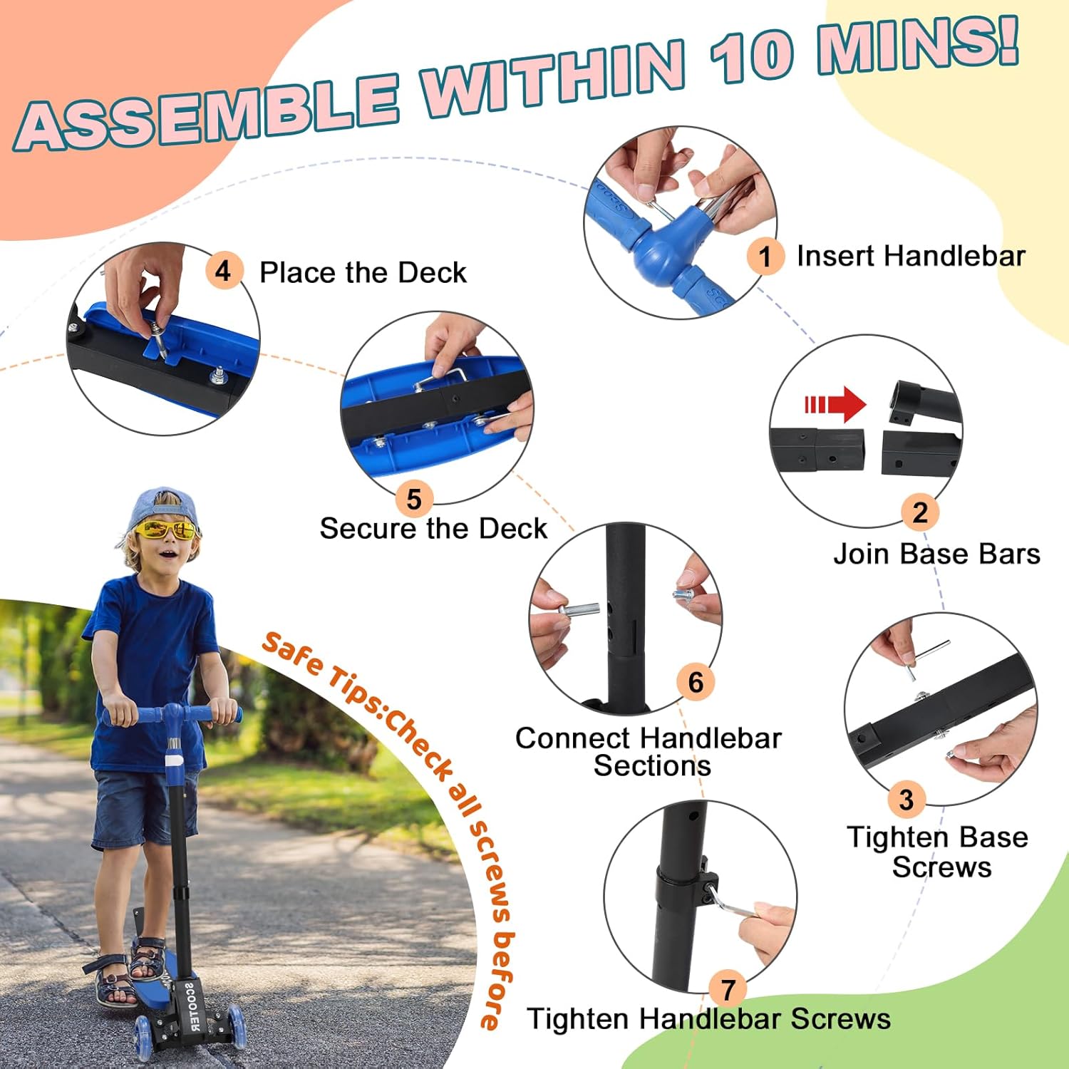 Kick Scooter for Kids Ages 6-12, LED Lighted Wheels and 3 Adjustable Height Handlebars, Kids Kick Scooter, Extra Wide Deck for Girls and Boys Blue - Image 9