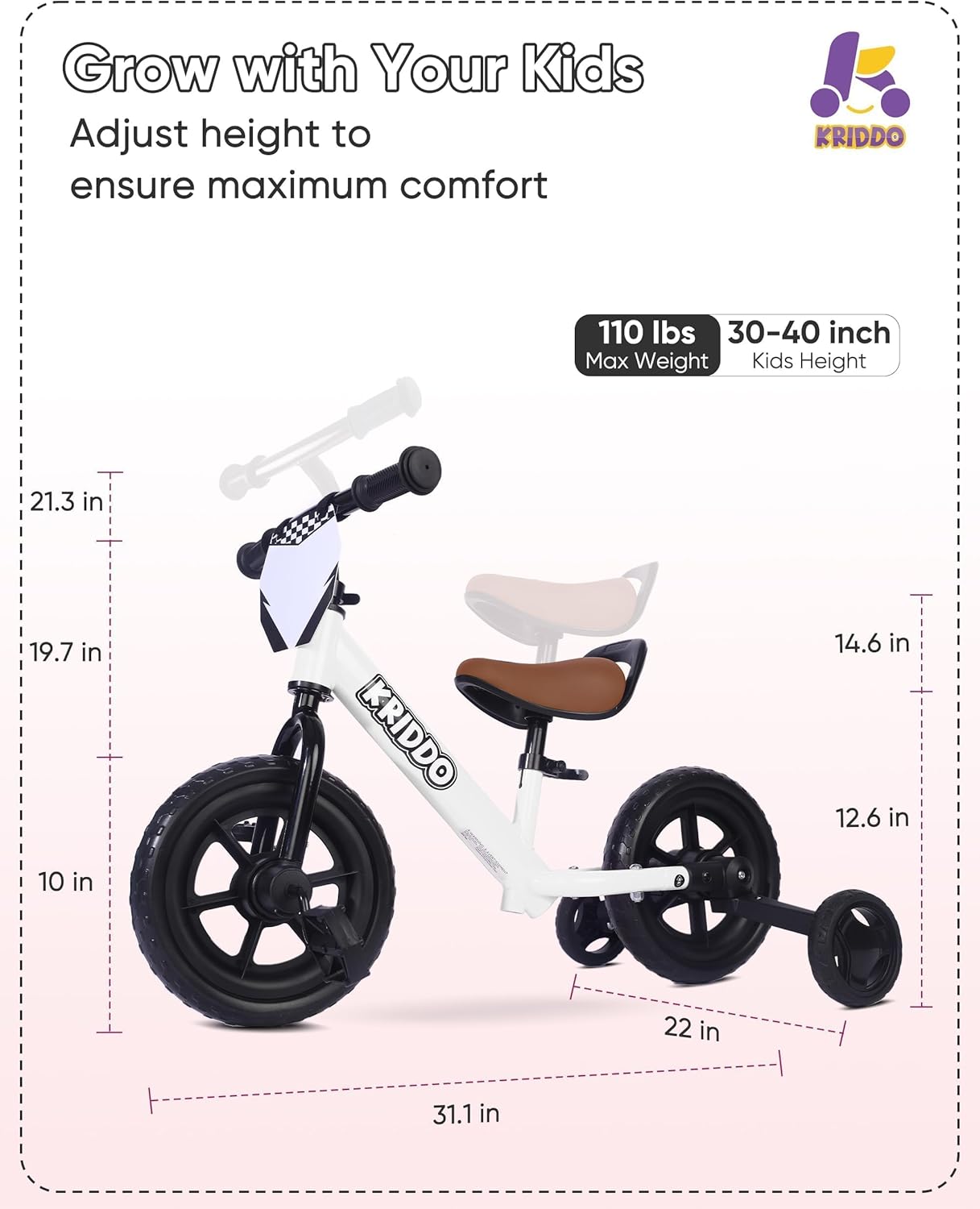 KRIDDO 2-in-1 Kids Tricycle and Toddler Balance Bike 2 Year Old, Detachable Pedals and Stowable Training Wheels, DIY Plate, Riding Trikes Toy for Ages 18 Months to 3 Years - Image 6