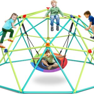 Hapfan 10 ft Climbing Dome Swing Set with Saucer Swing, Jungle Gym for Kids Outdoor Backyard, Supports 800lbs, Easy Asssembly, Rust-Resistant Outdoor Playset for Ages 3-8 8-12