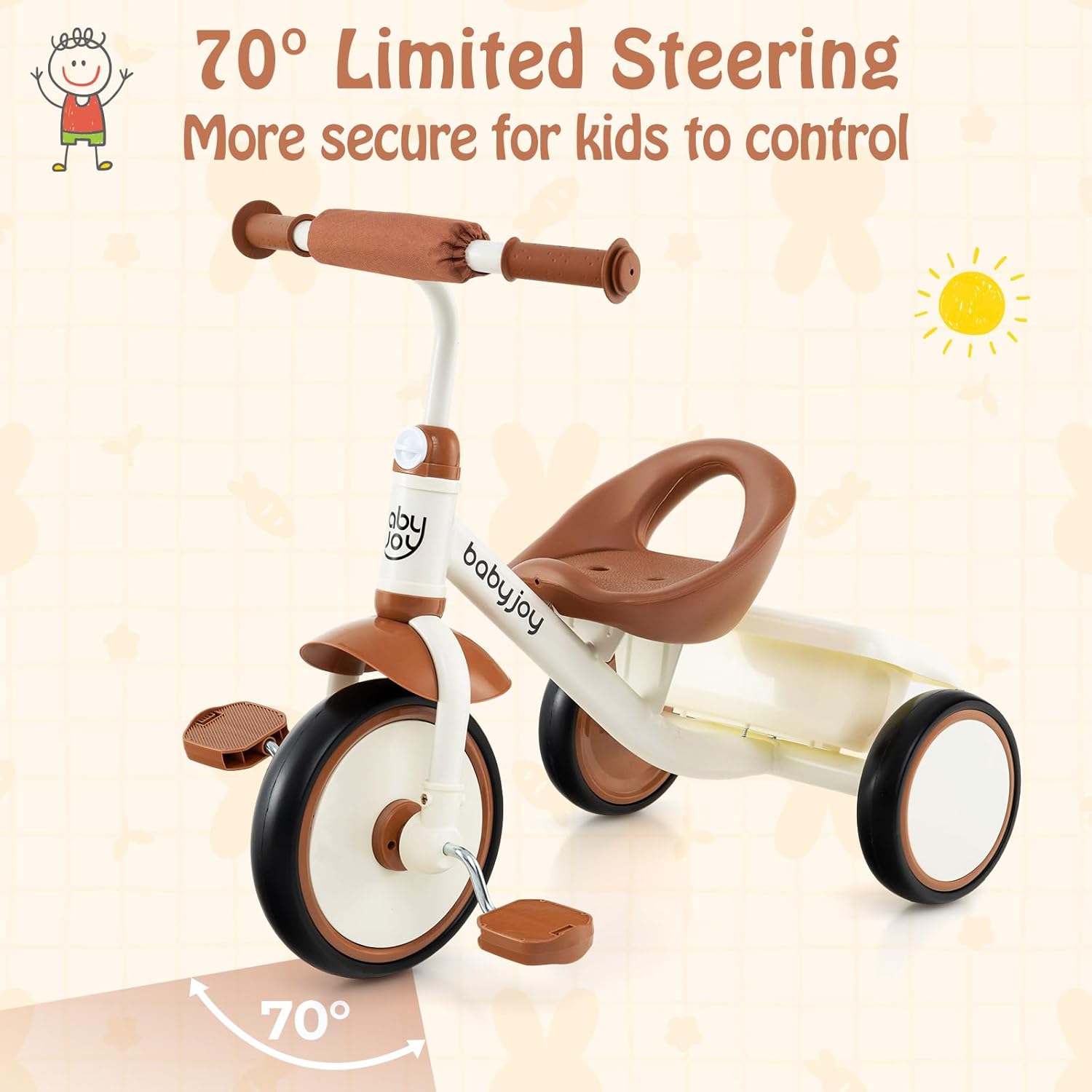 BABY JOY Toddler Tricycle, Kids Trike with Adjustable Seat and Storage Basket for Boys Girls Indoor and Outdoor Riding, Toddler Trike for Baby 3-5 Years Old (Beige) - Image 5