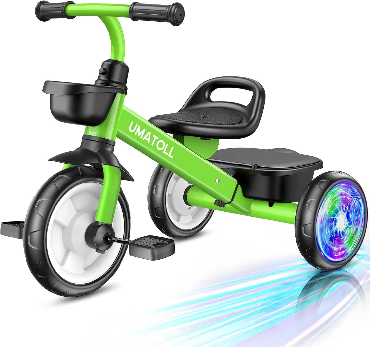 Umatoll Tricycle for Toddlers 2-5 Year Old, Ajustable Toddler Bike Outdoor Toys, Birthday Gift for Boy Girl Age 2-4, Trike with Light up Wheels (Green)