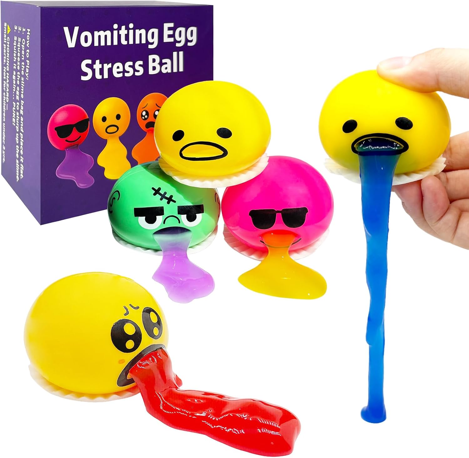 4 Pack Puking Egg Stress Ball Toys – Funny Slime Vomiting Squeeze Toy, Gross Fidget Prank Ball, Novelty Gag Gift for Kids & Adults, Easter Basket Stuffers