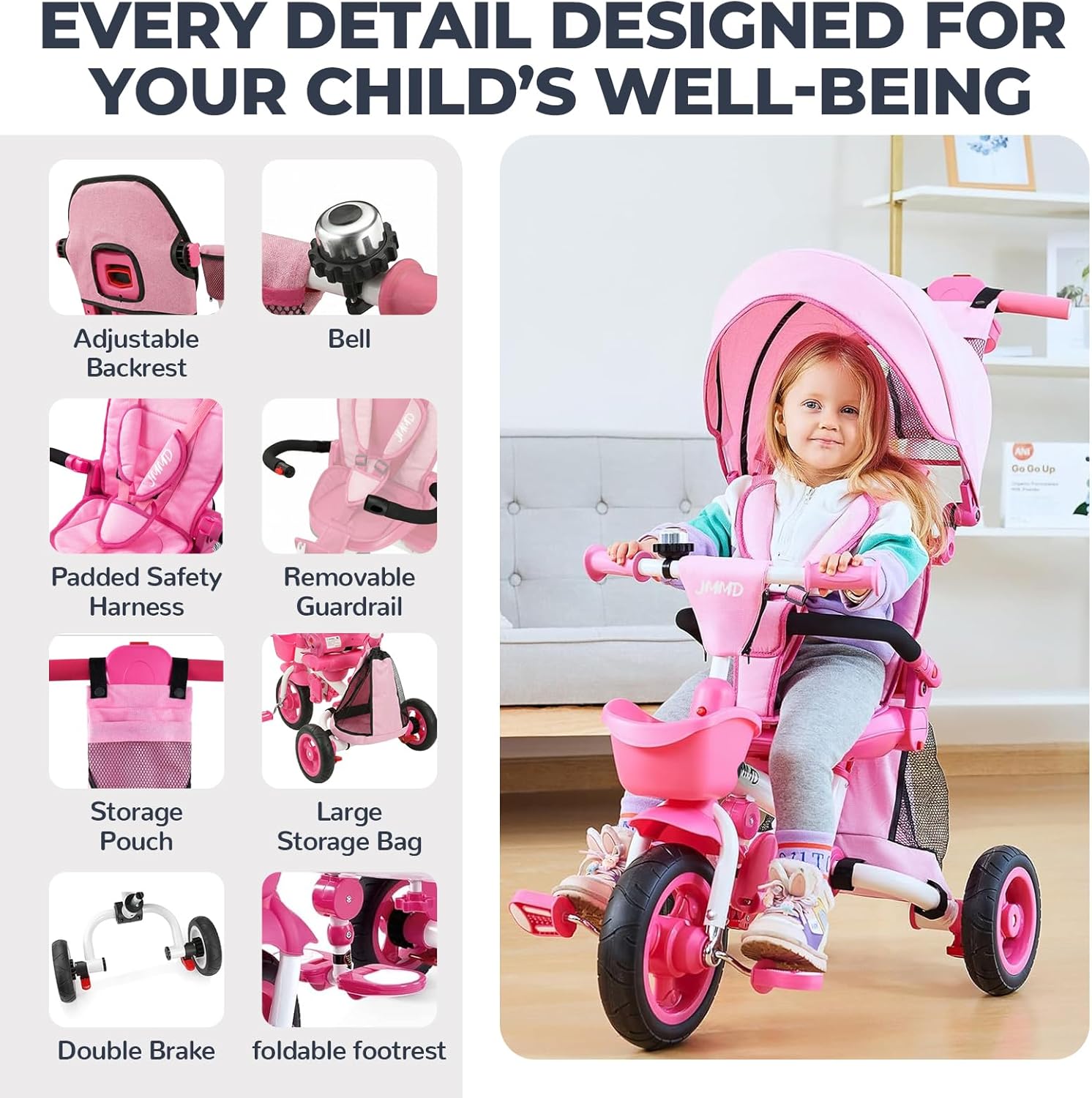 JMMD 8 in 1 Tricycle Stroller with Push Handle, Foldable Trike with 360° Swivel Seat, Reclining Backrest, All-Terrain Wheels, Dual Brakes, Canopy & Storage, Gift for Kids 18 Months to 5 Years, Pink - Image 8