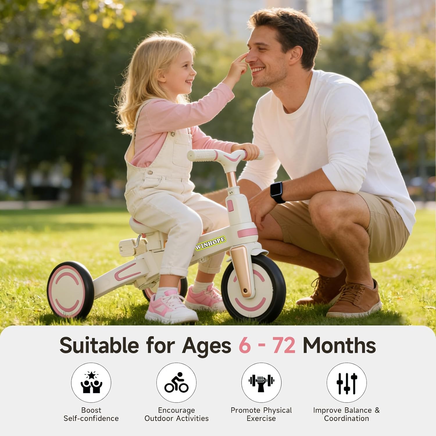 WinHope 9-in-1 Push Tricycle for Toddlers 1-3 Years, Convertible Kids Trike with Push Handle & Safety Belt, One-Client Foldable Design + Storage Basket, Birthday Gift and Toy for Boys and Girls(Pink) - Image 7