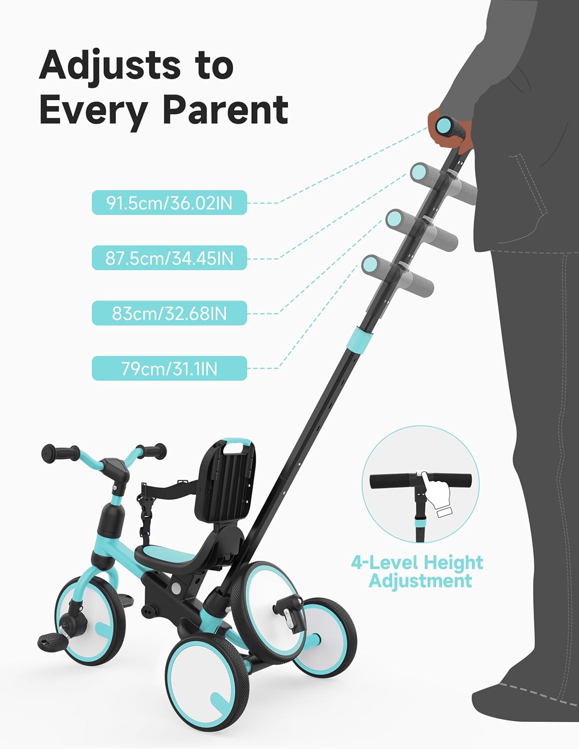 besrey 5-in-1 Toddler Tricycle with Push Handle, Grow with Me Kids Trike for 1-3 Years, Balance Bike & Tricycle, Adjustable Parent Steering, Safety Seat with Backrest - Image 6